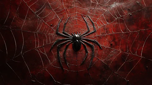 Black spider centered on symmetrical web over red field.