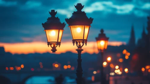 Vintage street lamps glowing over a blurred city at dusk.