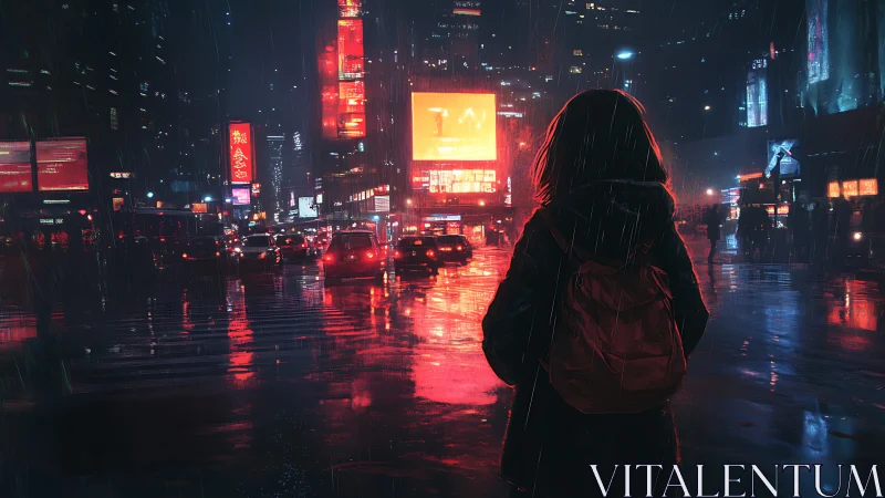 Backlit pedestrian studies neon-lit rainy intersection reflections