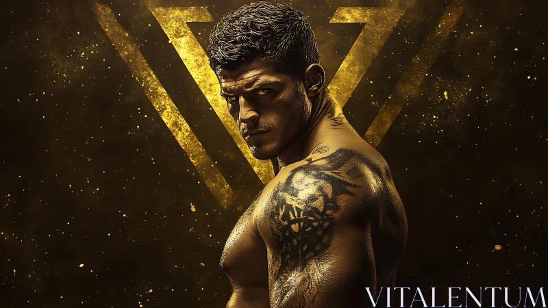 Male torso in profile is lit against textured golden backdrop