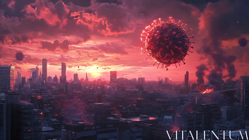 Colossal virus sphere dominates dystopian skyline under red sunset