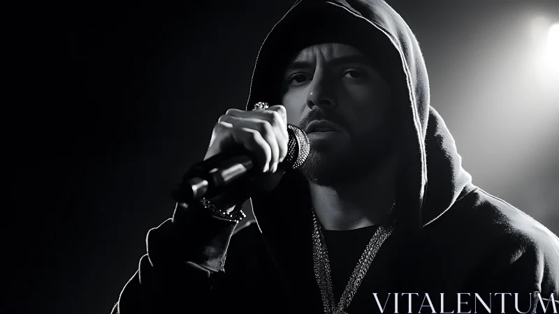 Rap performer in hoodie holding microphone on dark stage.