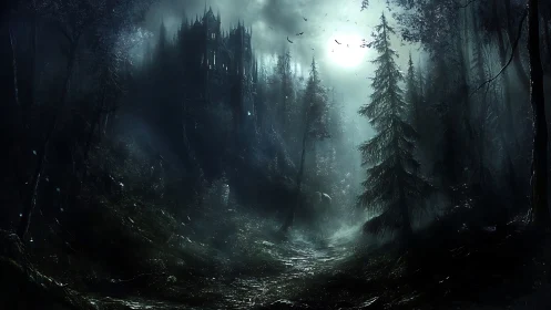 Gothic castle emerges through misty forest realm.