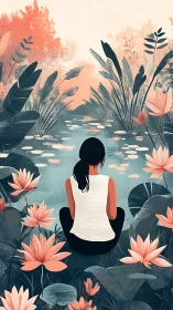 Quiet pondside daydream with soft flowers and calm waters.