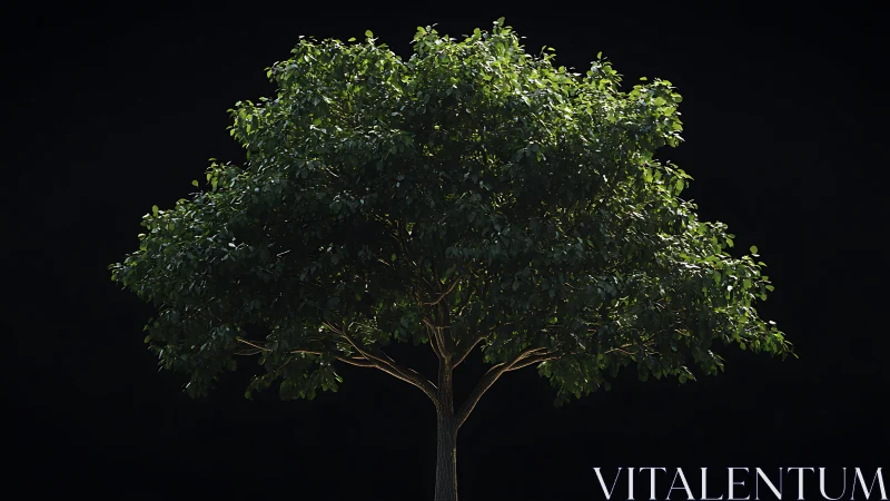 Single deciduous tree on dark background under direct light.