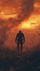 Silhouetted armored figure walks through smoke under orange sky