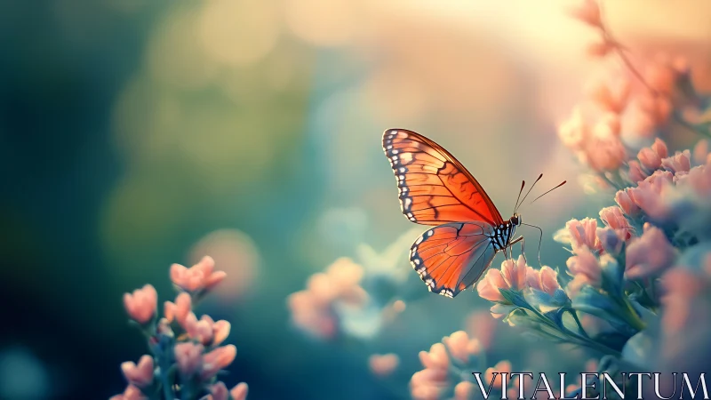 Orange butterfly on pastel flowers in soft dreamy light.