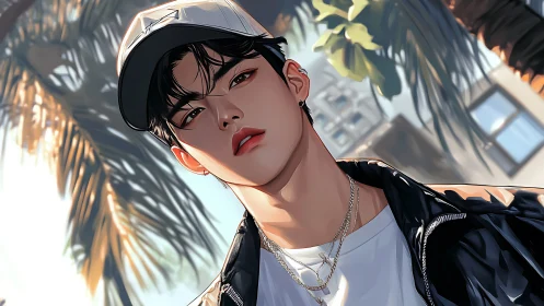 Stylized young man in cap stands outdoors under palm trees