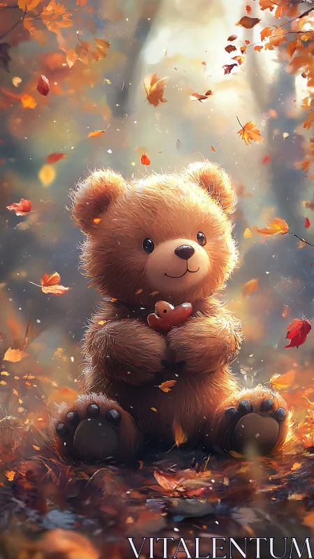 Fluffy autumn daydream bear cuddling a tiny heart friend.