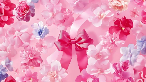 Pink floral arrangement with red ribbon bow centerpiece composition