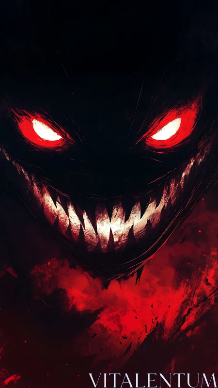 Demonic visage emerges from darkness with blazing red eyes
