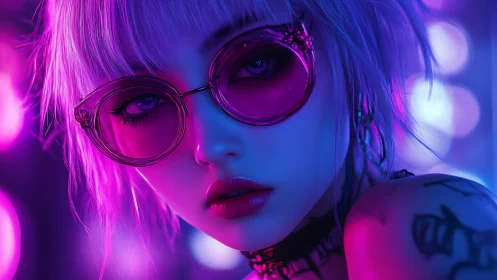 Neon-lit cyberpunk portrait renders stylized girl in magenta glow