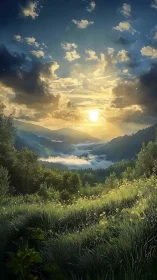 Golden valley sunrise over misty mountains and wildflowers.