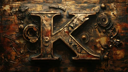 Corroded steampunk letter K with mechanical debris relief.