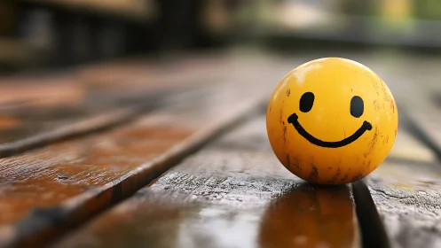 Smiley yellow ball rests on wet wooden bench slats.