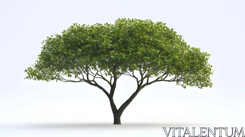 Wide-canopy green tree on white background, realistic illustration.