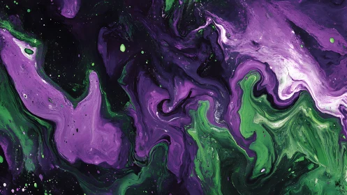 Vibrant purple green fluid abstraction on dark ground.