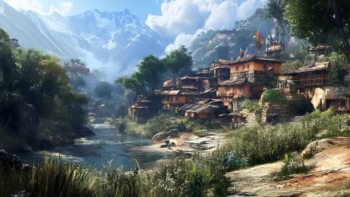 Mountain river village nestles below snowcapped peaks