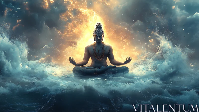 Enlightened Buddha meditates amid stormy cosmic ocean.