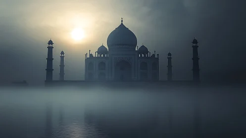 Misty Taj Mahal silhouette at sunrise over calm water.