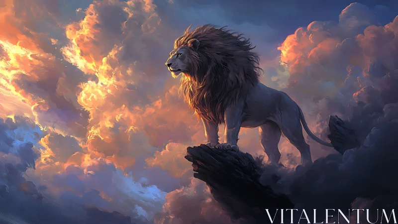 Majestic lion stands over glowing clouds in stormy sky