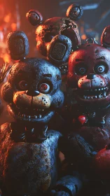 Rust-bitten robot bears grin through firelit midnight gloom