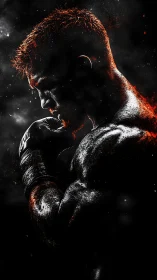 Ember-lit fighter pauses in shadow, carved by battle light.