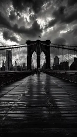 Storm-lit Brooklyn Bridge walkway under dramatic cloud mass