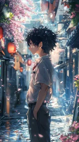 Teen boy in wet alley under lanterns and falling blossoms.