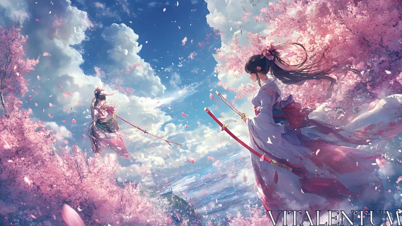 Samurai duel under drifting cherry blossoms in sky realm.