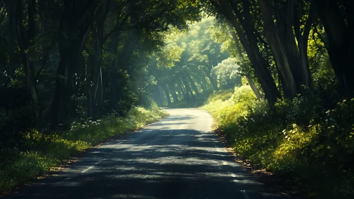 Tree-lined rural road with dappled sunlight filtering through dense canopy