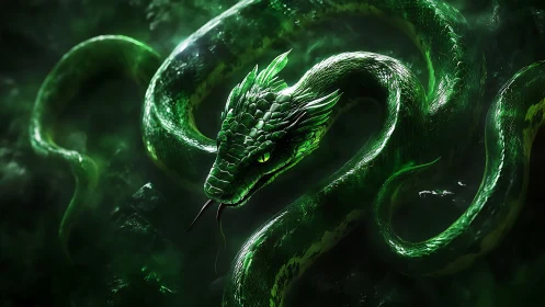 Emerald serpent dragon gliding through swirling forest mist.