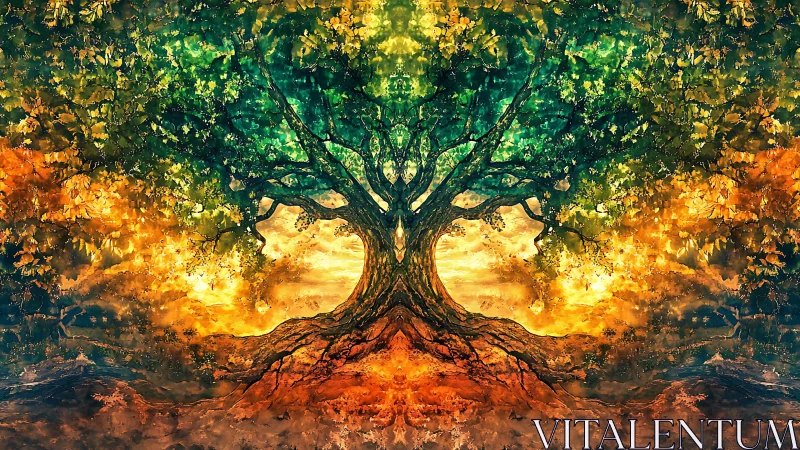 Seasons collide as a luminous world-tree anchors molten skies