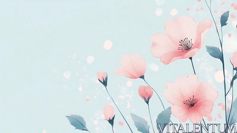 Soft pastel poppy blossoms on pale blue background.