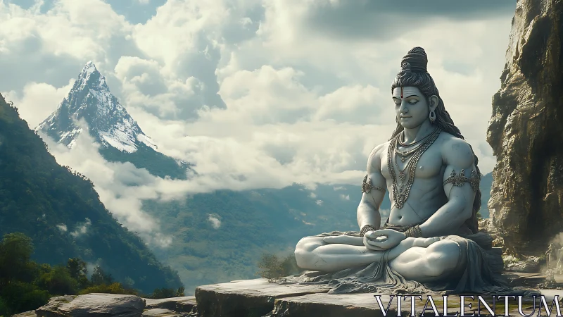 Meditating stone Shiva statue amid misty Himalayan peaks.