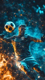 Soccer player strikes ball amid contrasting blue and orange effects