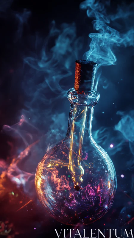 Glowing glass potion flask amid swirling neon smoke.