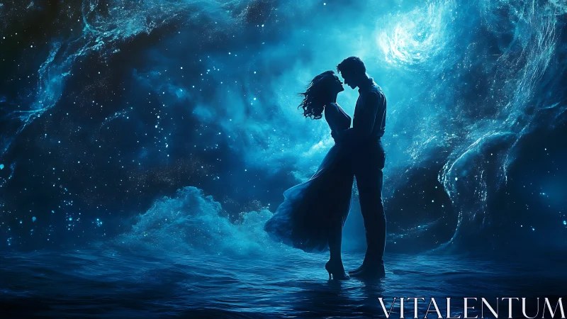 Couple Silhouette in Glowing Blue Ocean Cave.