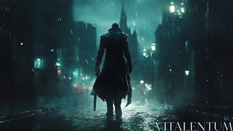 Lone cloaked wanderer strides through a rain soaked city night