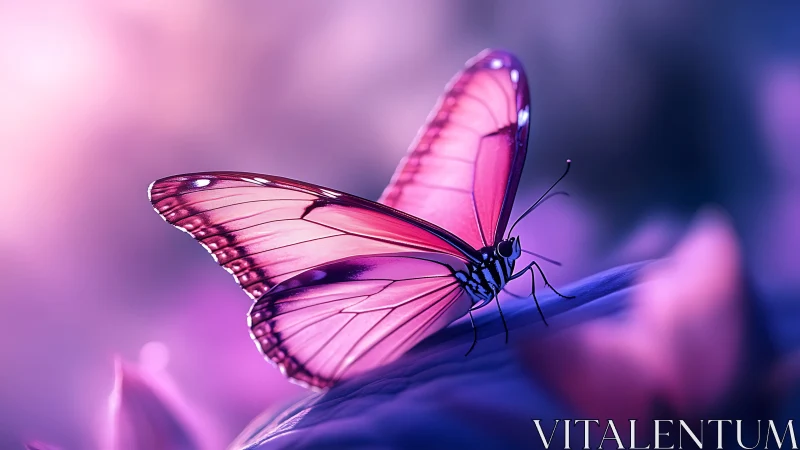 Gentle pink butterfly resting in dreamy violet light.