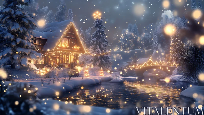 Snowy winter cabin with river and glowing holiday lights.