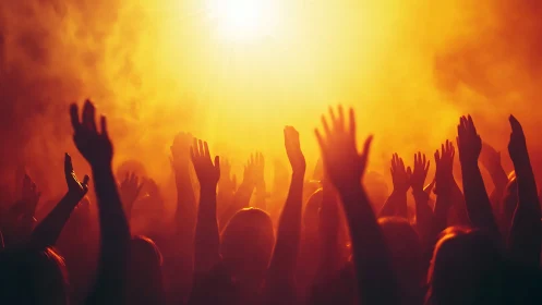 Crowd silhouettes reach toward blazing concert backlight.