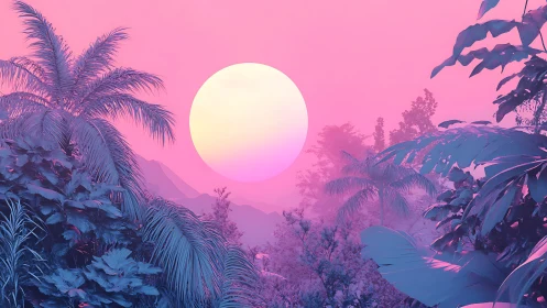 Neon jungle sunrise bathing pastel palms in dreamy haze.