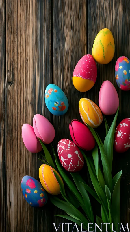 Painted eggs and tulips resting on rustic wooden boards.