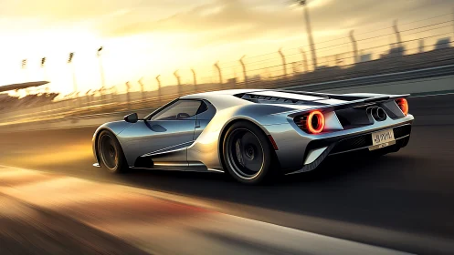 Sunlit silver supercar racing into the golden evening.