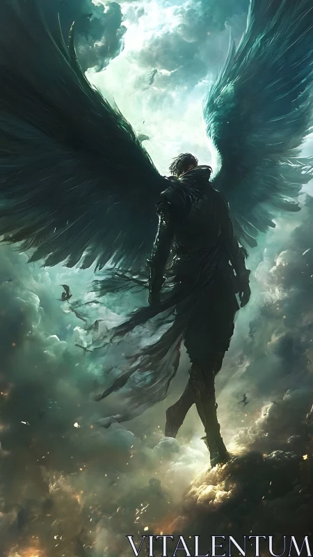 Winged humanoid figure standing in dense illuminated clouds.