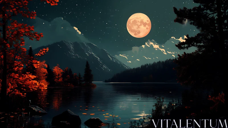 Moonlit alpine lake with crimson foliage and reflective water.