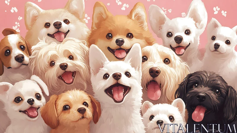 Group portrait shows multiple small dogs facing forward