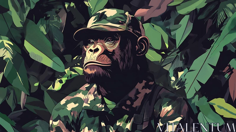 Chimpanzee in camouflage uniform within dense foliage.