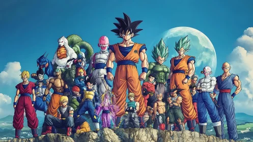 Epic anime heroes gathered under a bright, watchful moon.